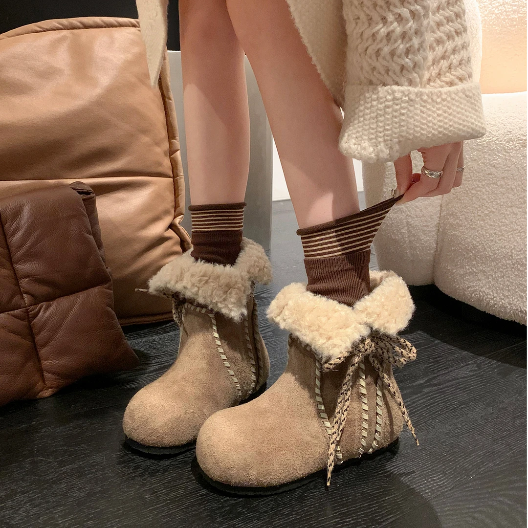 费尔岛～6cm增高反绒皮羊羔毛雪地靴女加绒冬季棉鞋勃肯鞋女