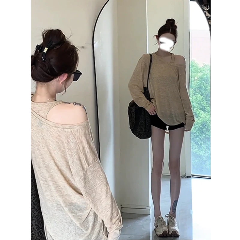 夏季薄款防晒背心套装松弛感罩衫上衣韩系慵懒宽松柔软长袖t恤女