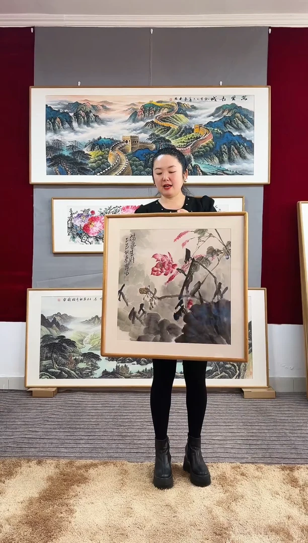 国画手绘荷花62*62尺寸