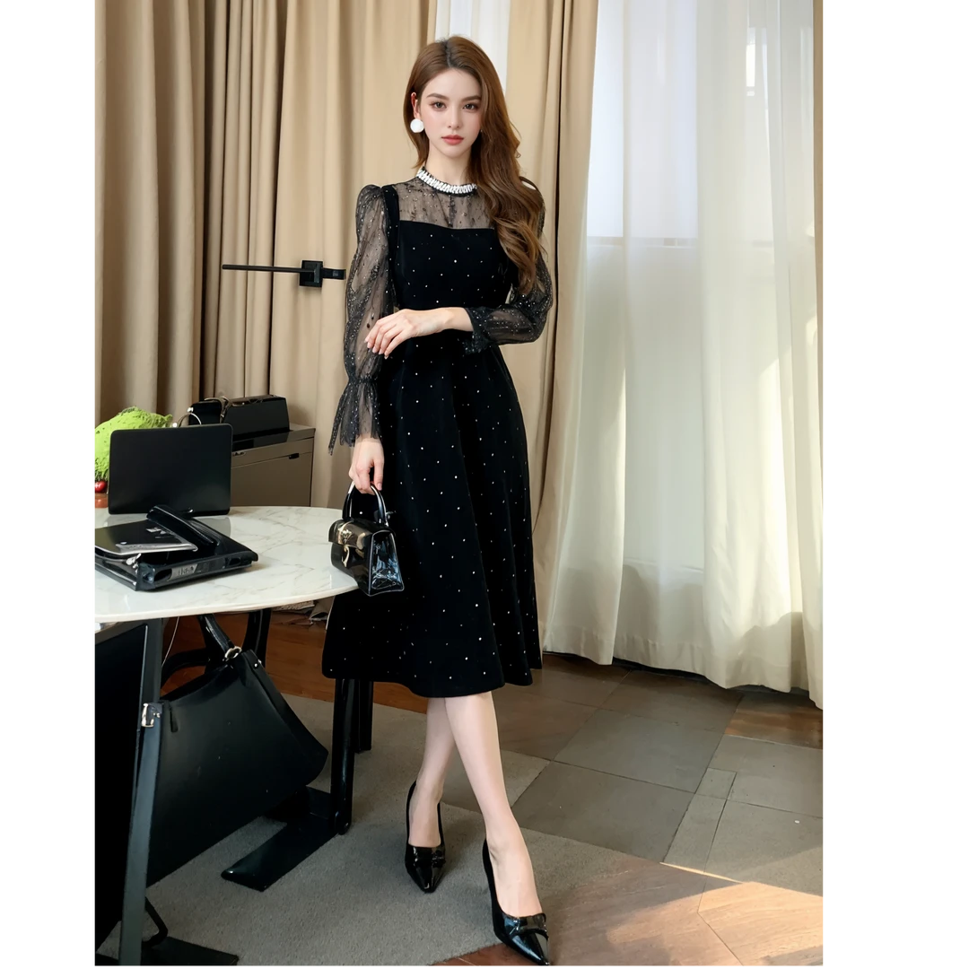 【十六定制】高级感时尚收腰显瘦蕾丝拼接连衣裙气质名媛连衣裙9950