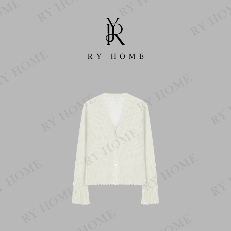 【容雨RYHOME】亚麻＋羊毛高级感V领喇叭袖开衫毛衣252M2923