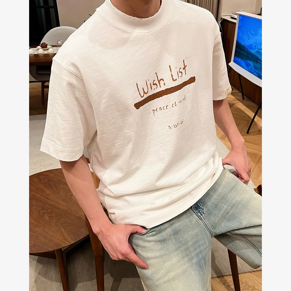 YIHAO STUDIO夏季新款男士时尚百搭英文T恤纯棉休闲宽松圆领短袖