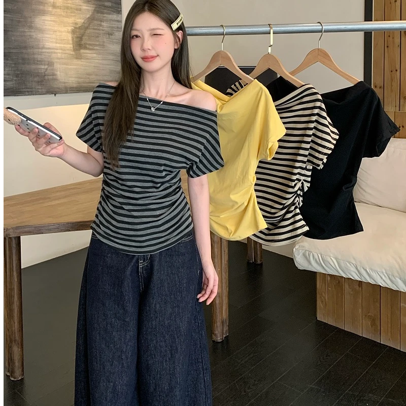 大码短袖t恤女夏装时尚气质纯欲辣妹风一字斜肩褶皱收腰显瘦上衣