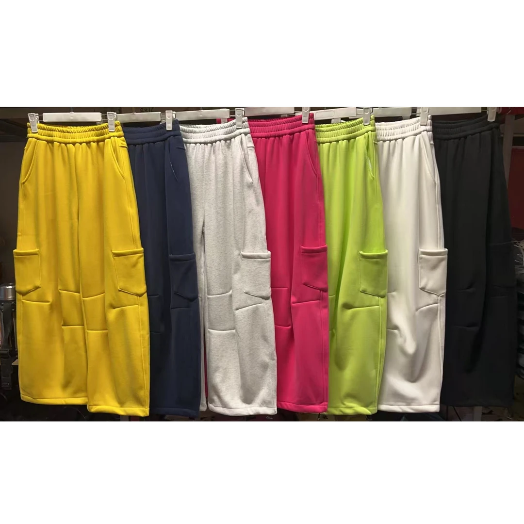 慵懒风高腰微弹长裤阔腿裤休闲裤工装裤运动纯色潮流3583