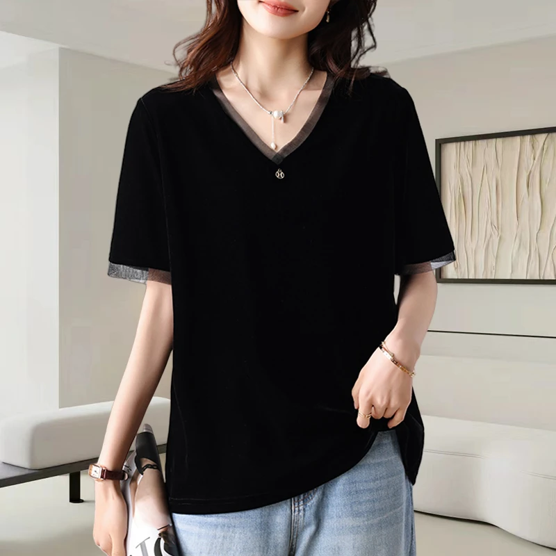 黑色V领短袖t恤女2025夏季新款时尚减龄显瘦气质百搭洋气小衫上衣