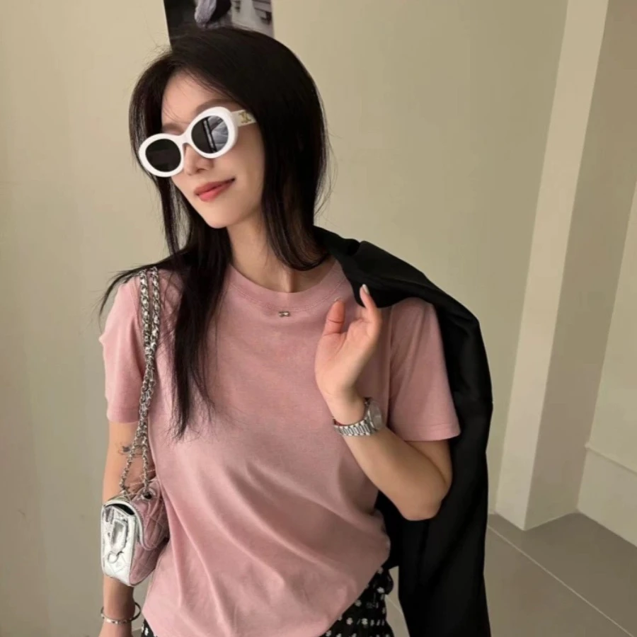 显瘦半袖休闲百搭夏季开叉宽松纯色圆领T恤时尚打底不规则小众ins