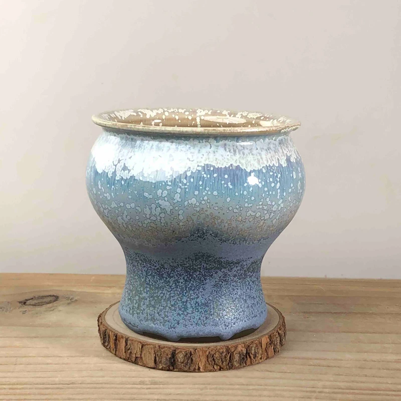 手工新款柴烧小高老桩花盆景德镇粗陶复古窑变桃蛋高桩多肉植物盆