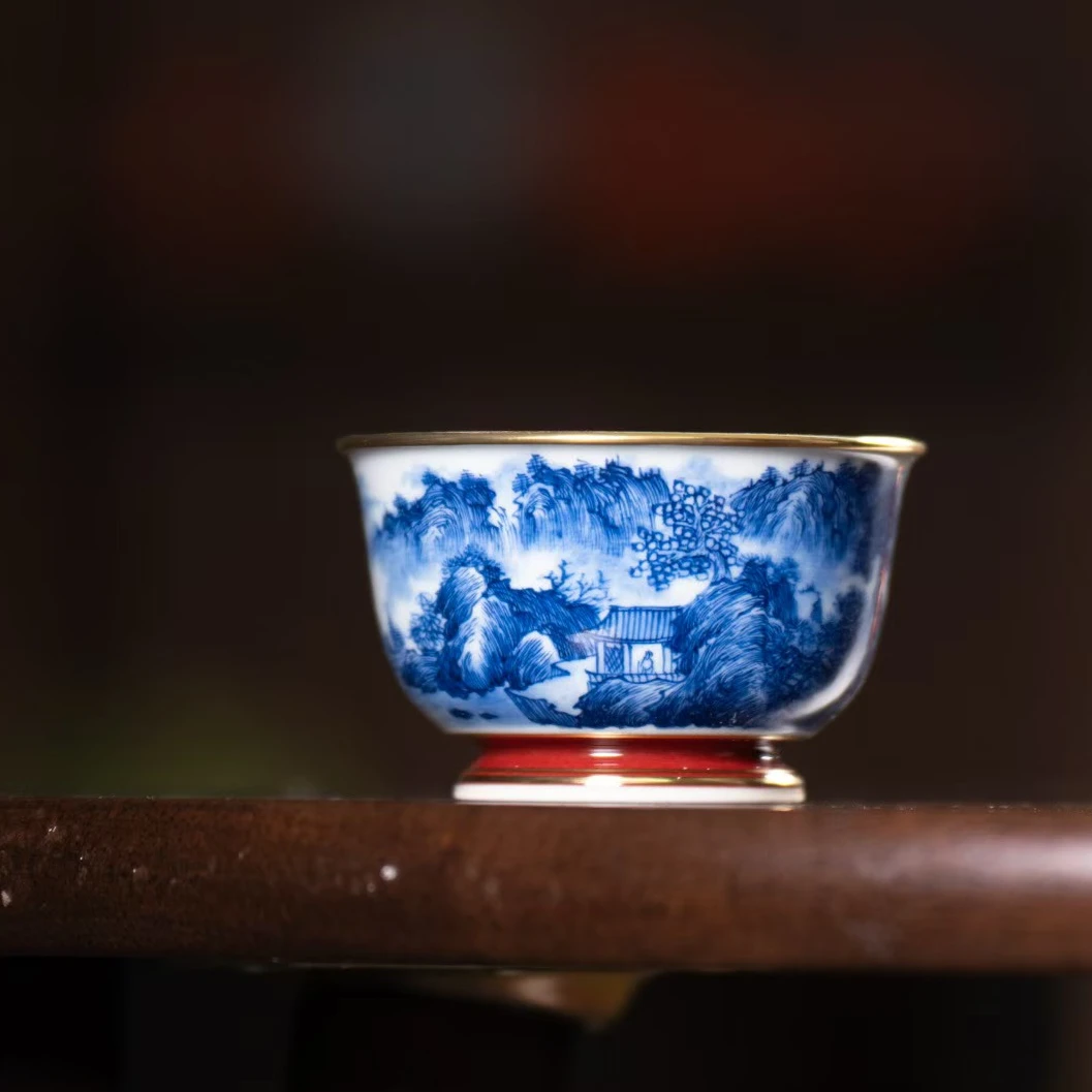 【观山见茶】一如山房 祭红描金山水人家陶瓷元宝杯80ml