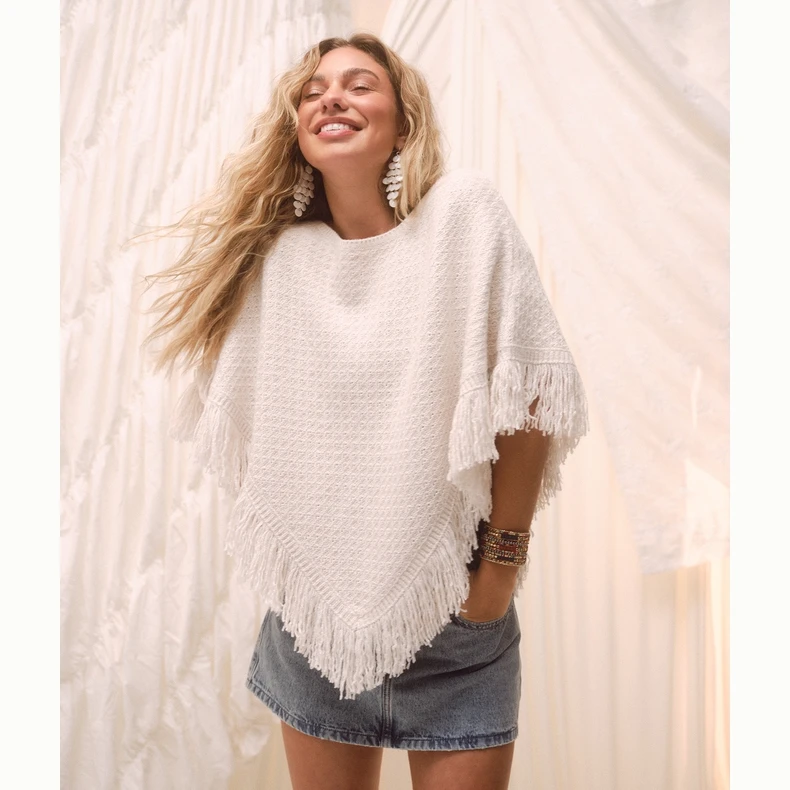 Hollister25新款美式甜美宽松一字领针织流苏披风女装KI350-5340