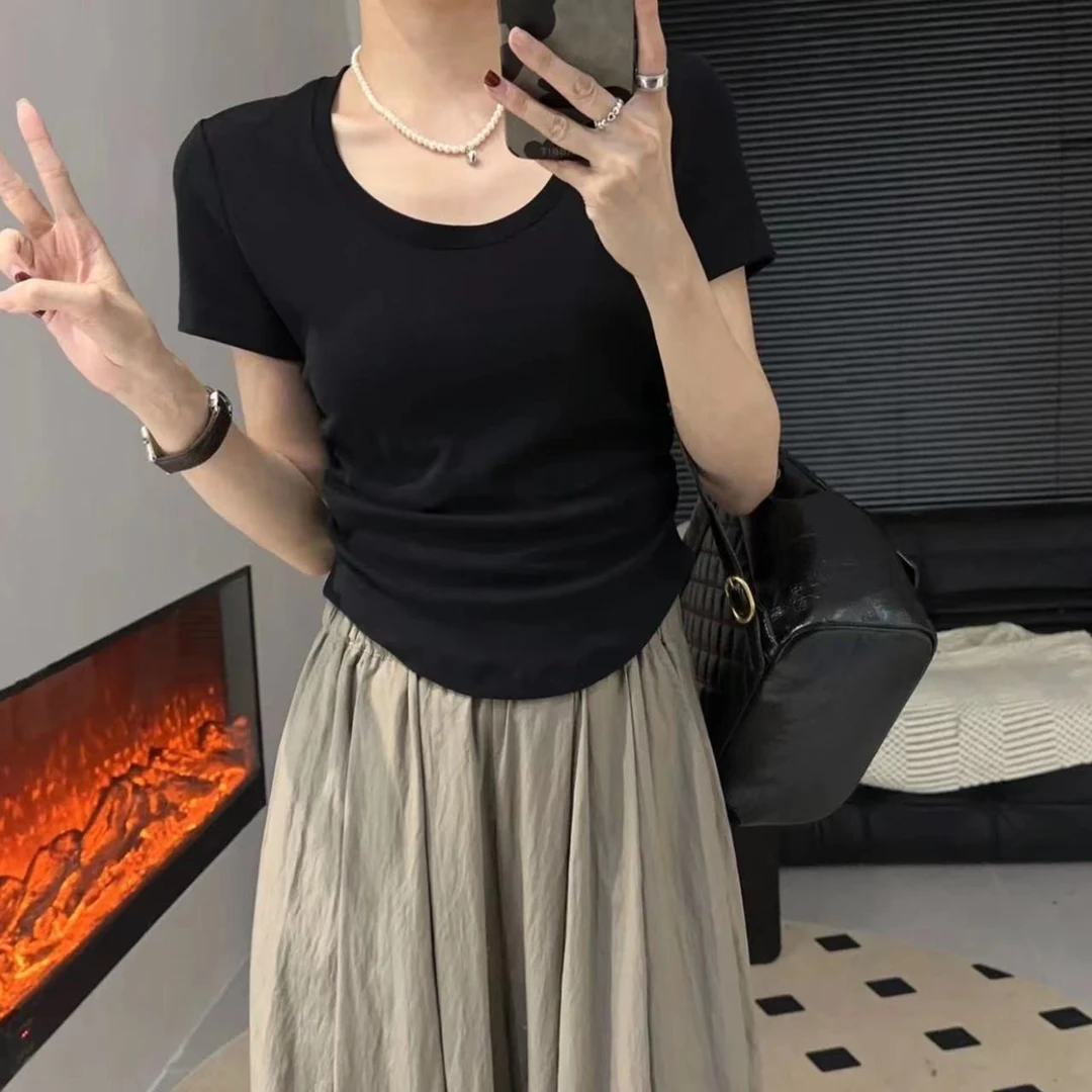 【夏日清欢】纯欲高级夏季新款u型领正肩短袖t恤女韩版修身显瘦上衣