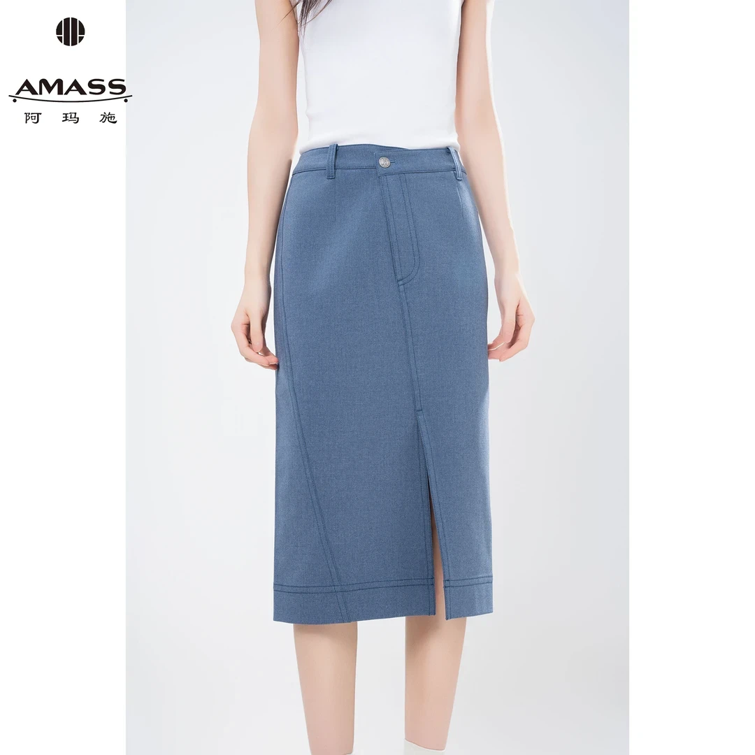 AMASS/阿玛施早秋新款气质轻职风时尚高腰开叉不规则半身裙520022
