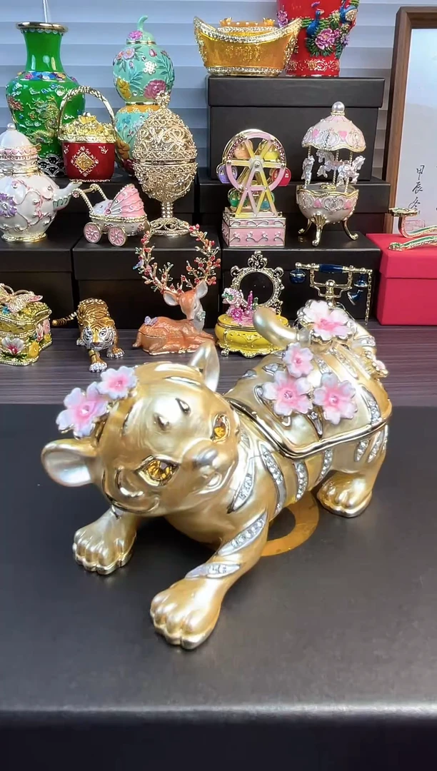 摆件七宝烧珐琅彩摆件  首饰盒   樱花 小老虎