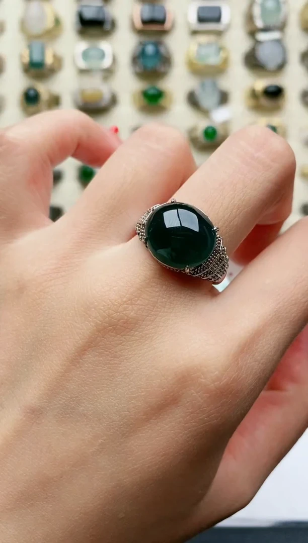 翡翠戒指银S925镶嵌天然翡翠男戒