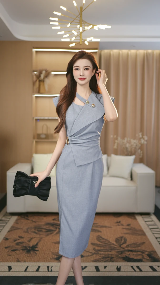 罗曼定制 高定原创雾霾灰气质名媛通勤连衣裙夏修身收腰女新款