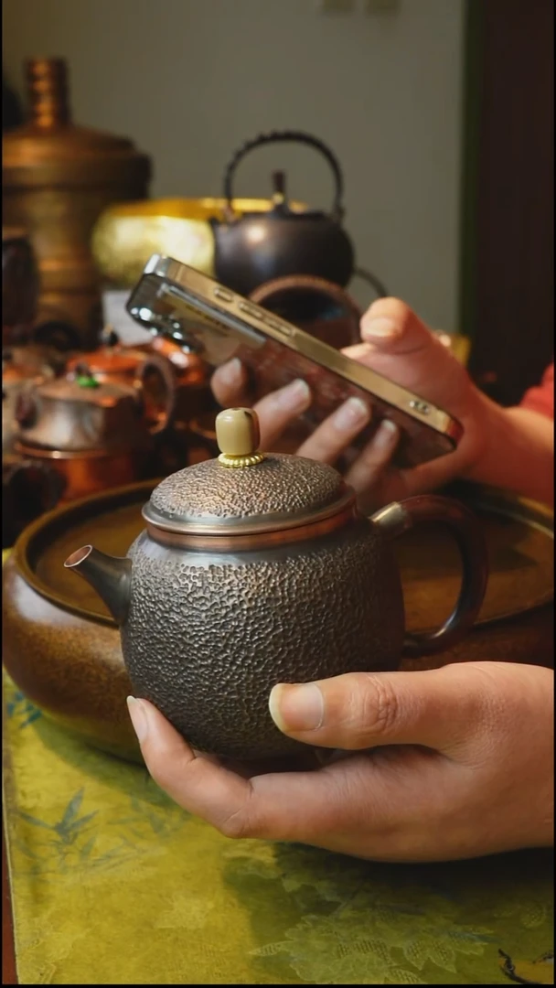 纯紫铜檀木柄泡茶壶