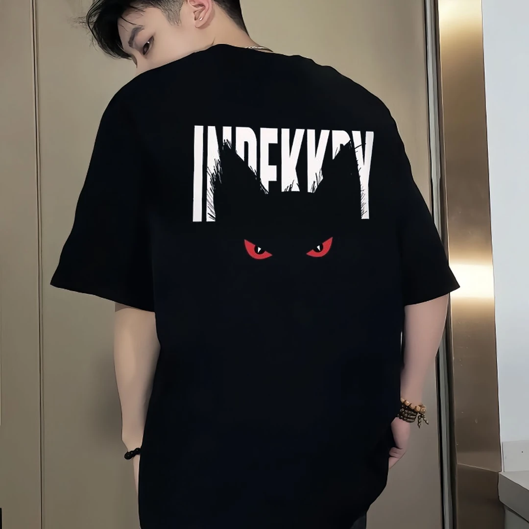 国潮恶魔猫咪前后印花纯棉短袖夏季重磅宽松百搭时尚男士网红上衣