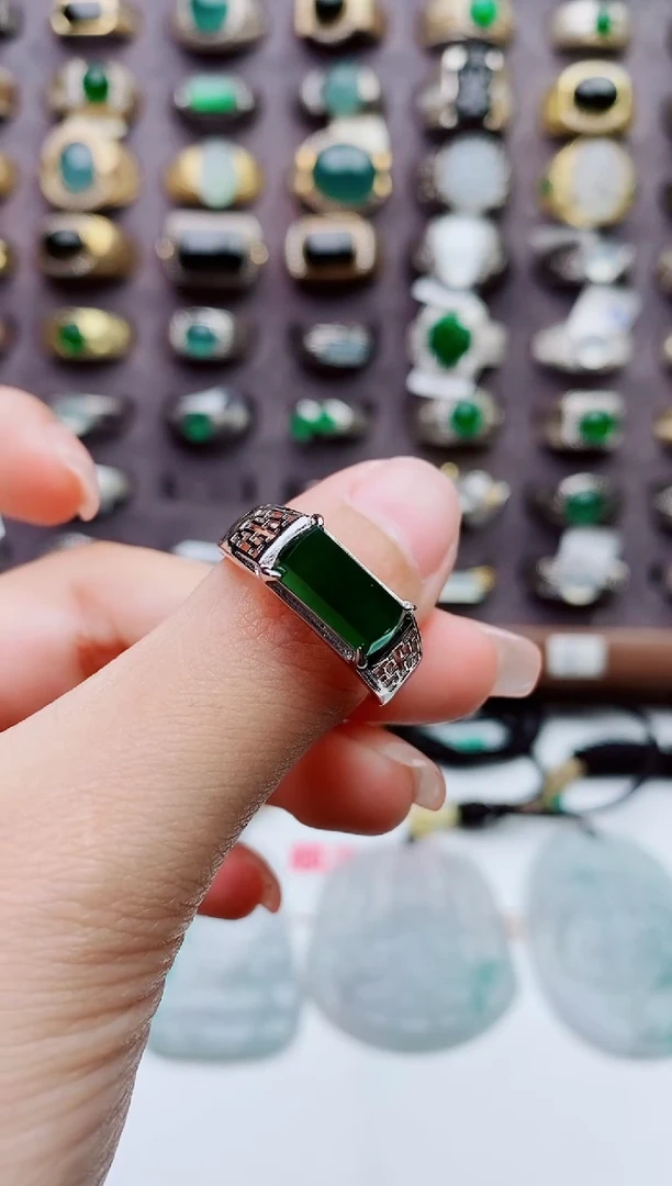 银S925镶嵌戒指翡翠天然翡翠男戒