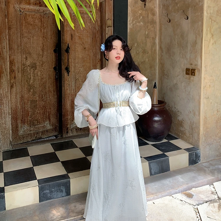 大码法式珠绣压皱工艺重工气质法式度假连衣裙11371