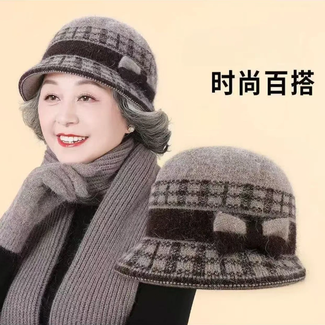 CH老人帽子女奶奶秋冬天针织毛线帽保暖帽中老年加绒老太太盆帽