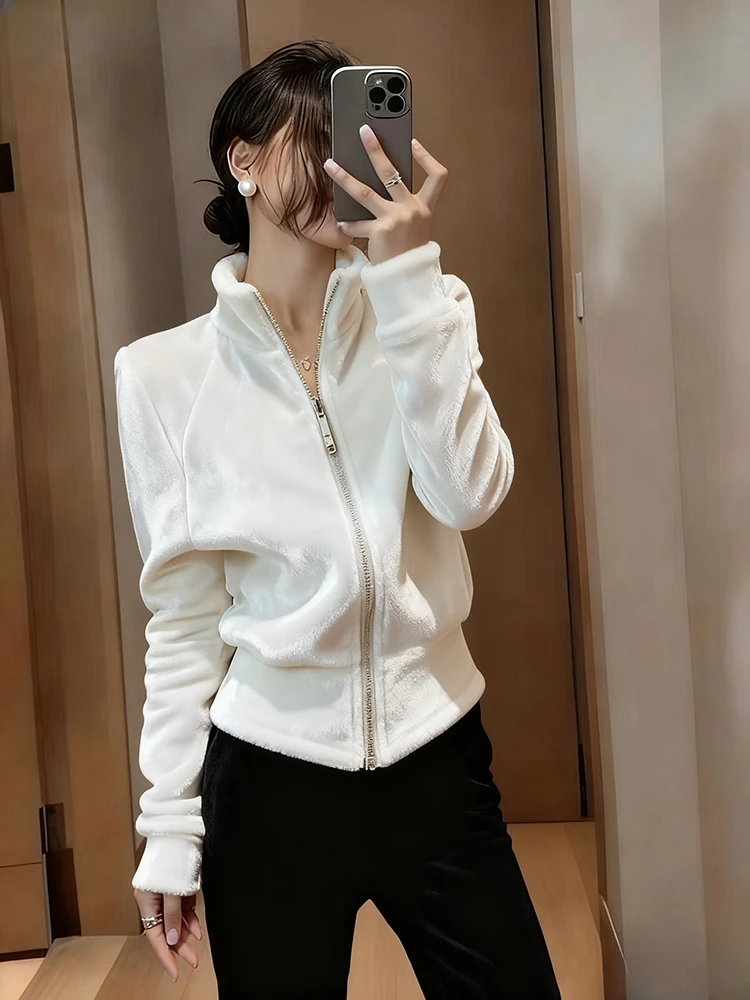 小个子白色立领短款丝绒外套2025秋冬新款超好看气质掐腰外穿上衣