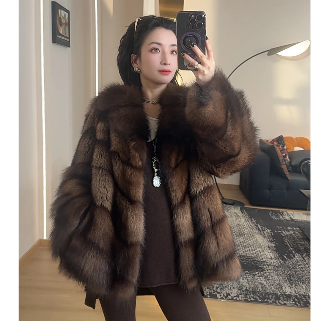 QISHI 北美进口稀有水貂皮本色渔貂小母貂西装领短款皮草外套女