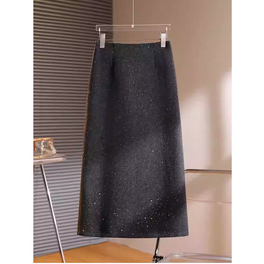 时髦洋气优雅呢子亮片半身裙2025秋季新款A字显瘦直筒后开叉长裙