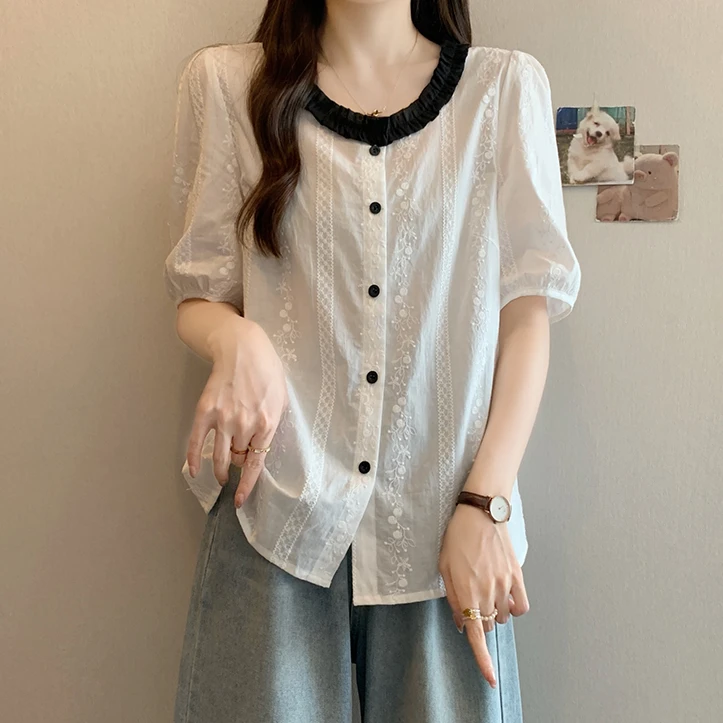 大码法式遮肚子刺绣短袖衬衫女夏季胖MM宽松显瘦百搭洋气小衫上衣