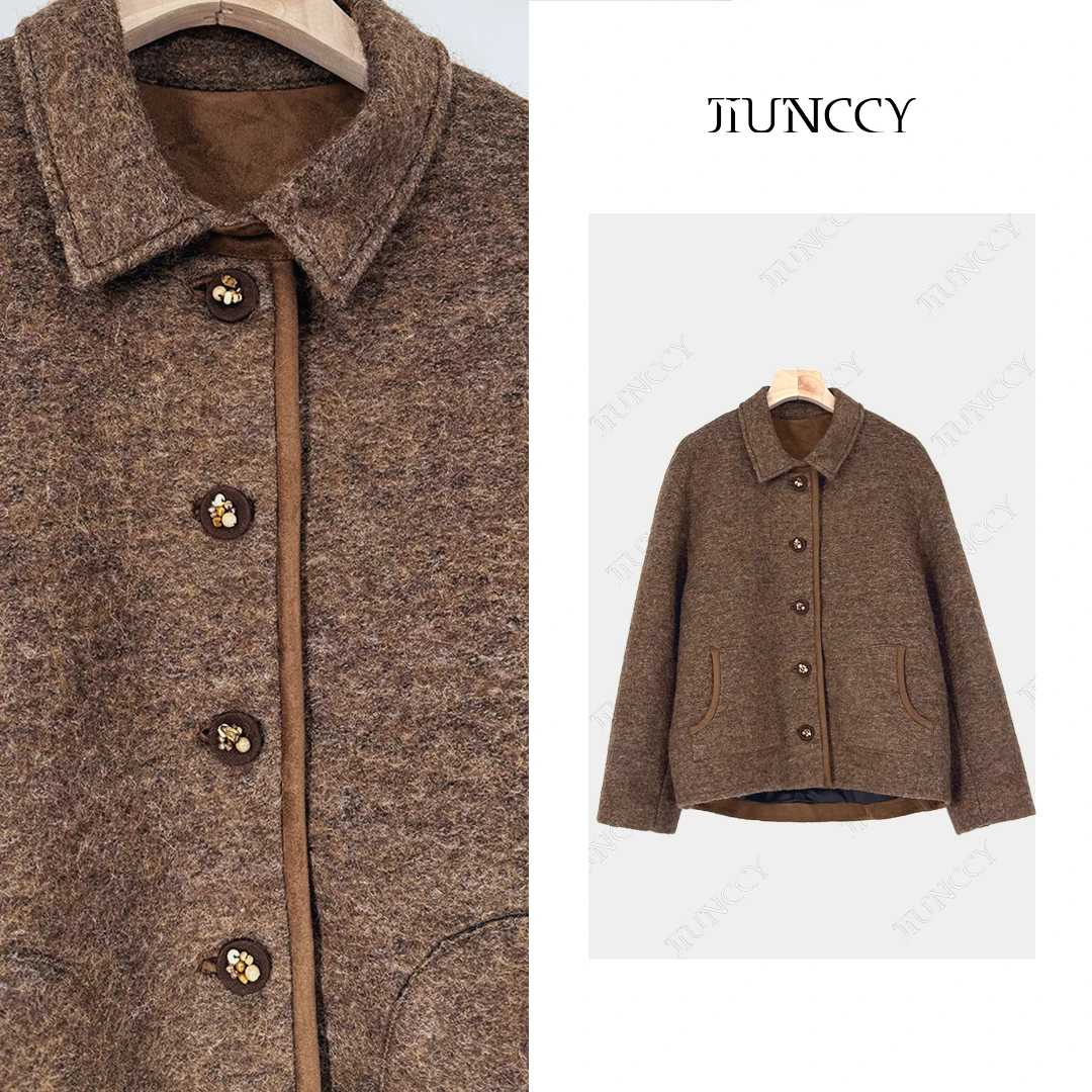 JIUNCCY【暖雾】绵羊毛混纺定制串珠扣绒面包边短款外套 52YWT073