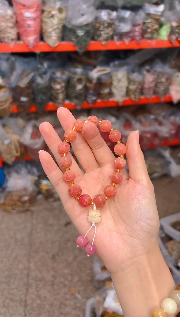吊坠菩提根/象牙果粉色莲花单圈手串