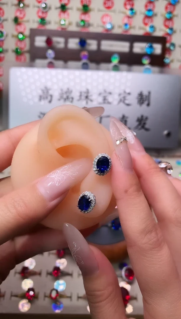 耳饰蓝宝石银S925镶嵌6*8 银托