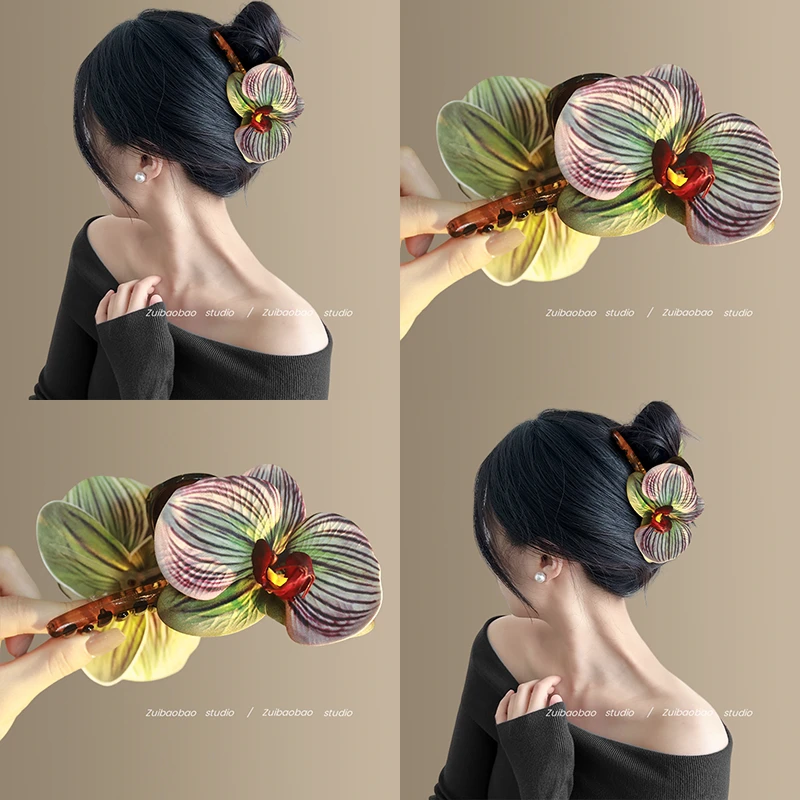 超仙花朵~蝴蝶兰抓夹女2025新款高级感鲨鱼夹气质后脑勺旅行头饰