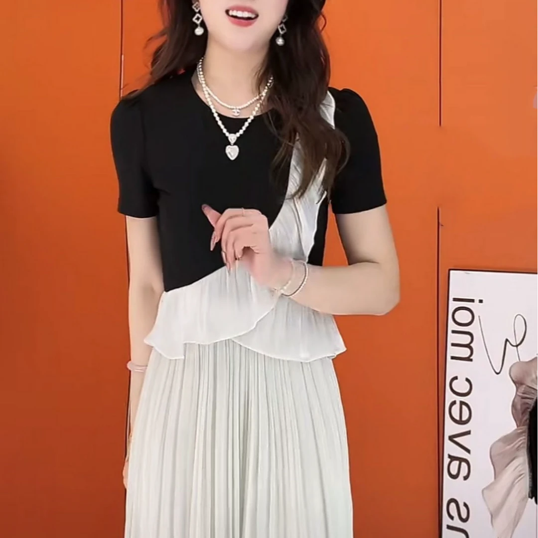 新款短袖T恤女2025夏季高级感时尚洋气衣服拼接荷叶边减龄打底衫