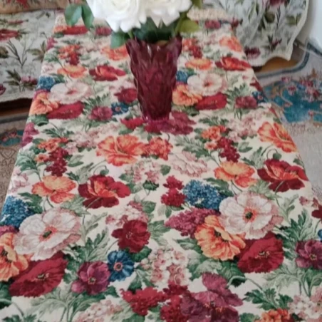 ZN102-88棉麻交织布【90*180】米白色百花齐放水溶边桌布茶几布