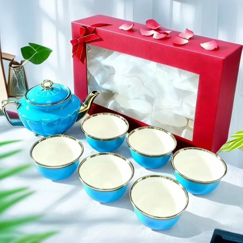 【新疆包邮】陶瓷茶具7件套蓝色套装用作商务伴手礼轻奢