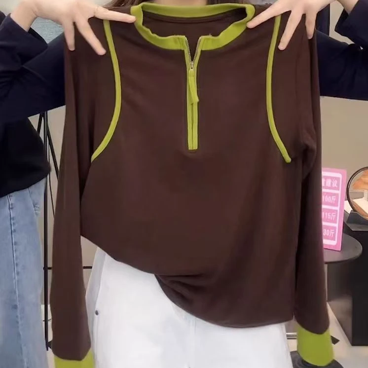 2025秋冬新款胖MM圆领半拉链撞色拼接长袖打底衫7361