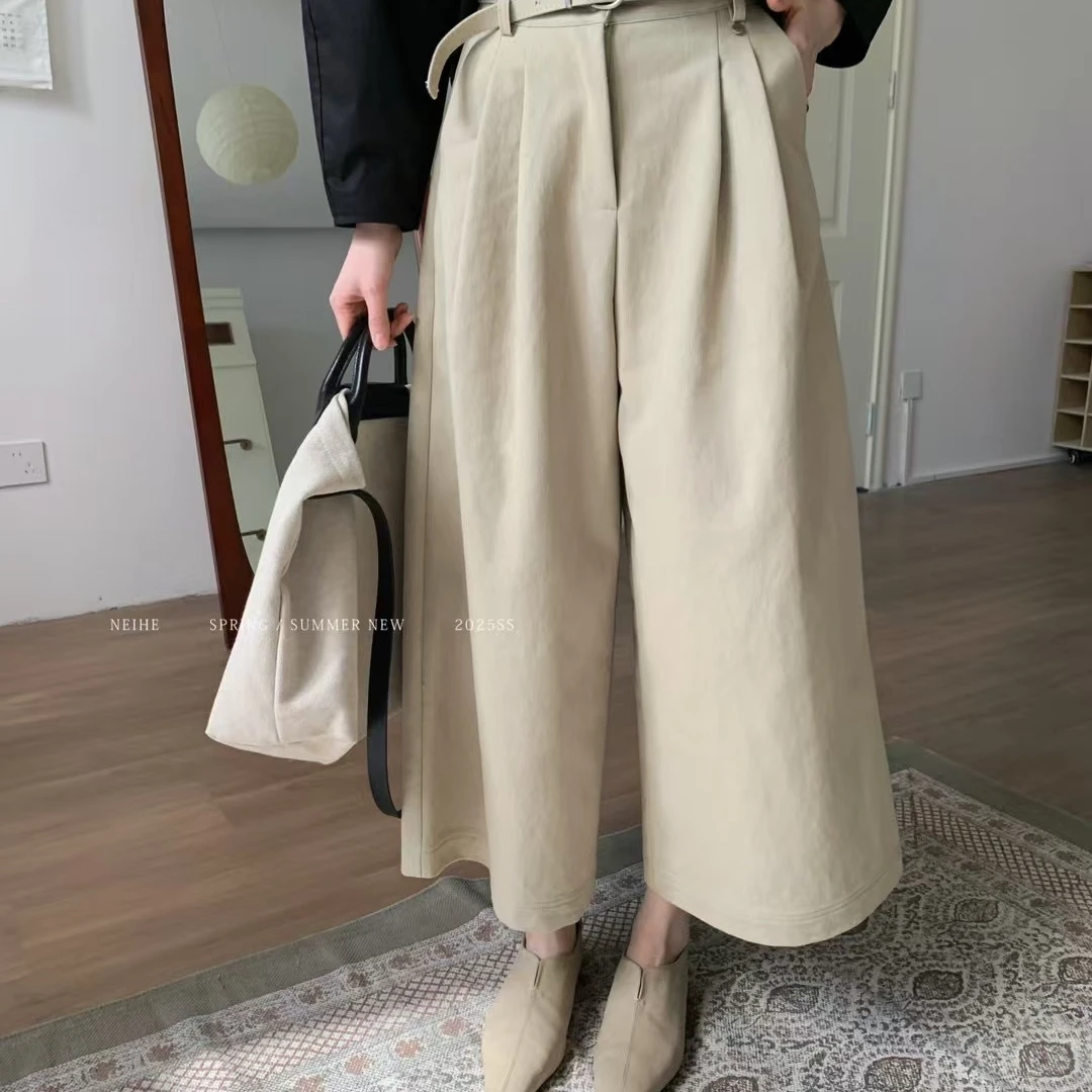 密云 卡其色直筒八分牛仔裤女春季新款显瘦韩版宽松阔腿裤子时尚