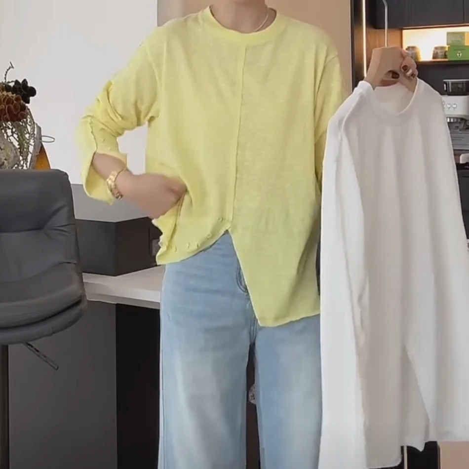 设计感开叉纯色圆领长袖T恤女2025春季新款简约时尚百搭圆领12654