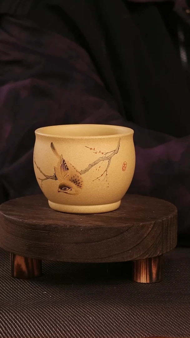 茶杯紫砂黄金段喜上眉梢紫砂手工刻绘主人杯180CC