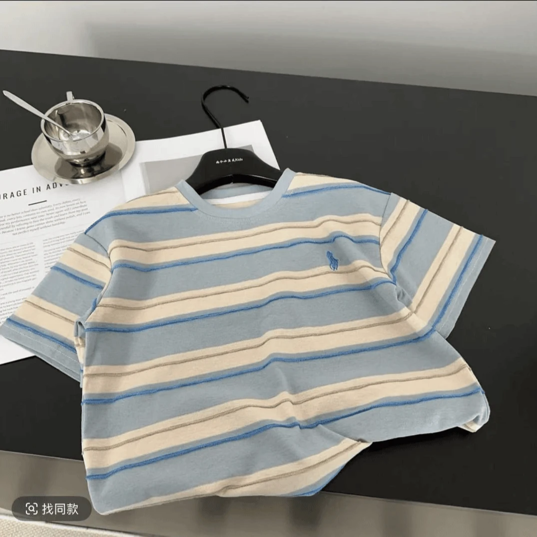 儿童撞色条纹短袖t恤男童2025新款夏季潮牌宽松设计感美式上衣