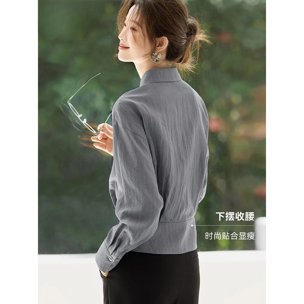 时尚独特漂亮收腰翻领长袖衬衫女2025秋季新款高级感百搭显瘦衬衣