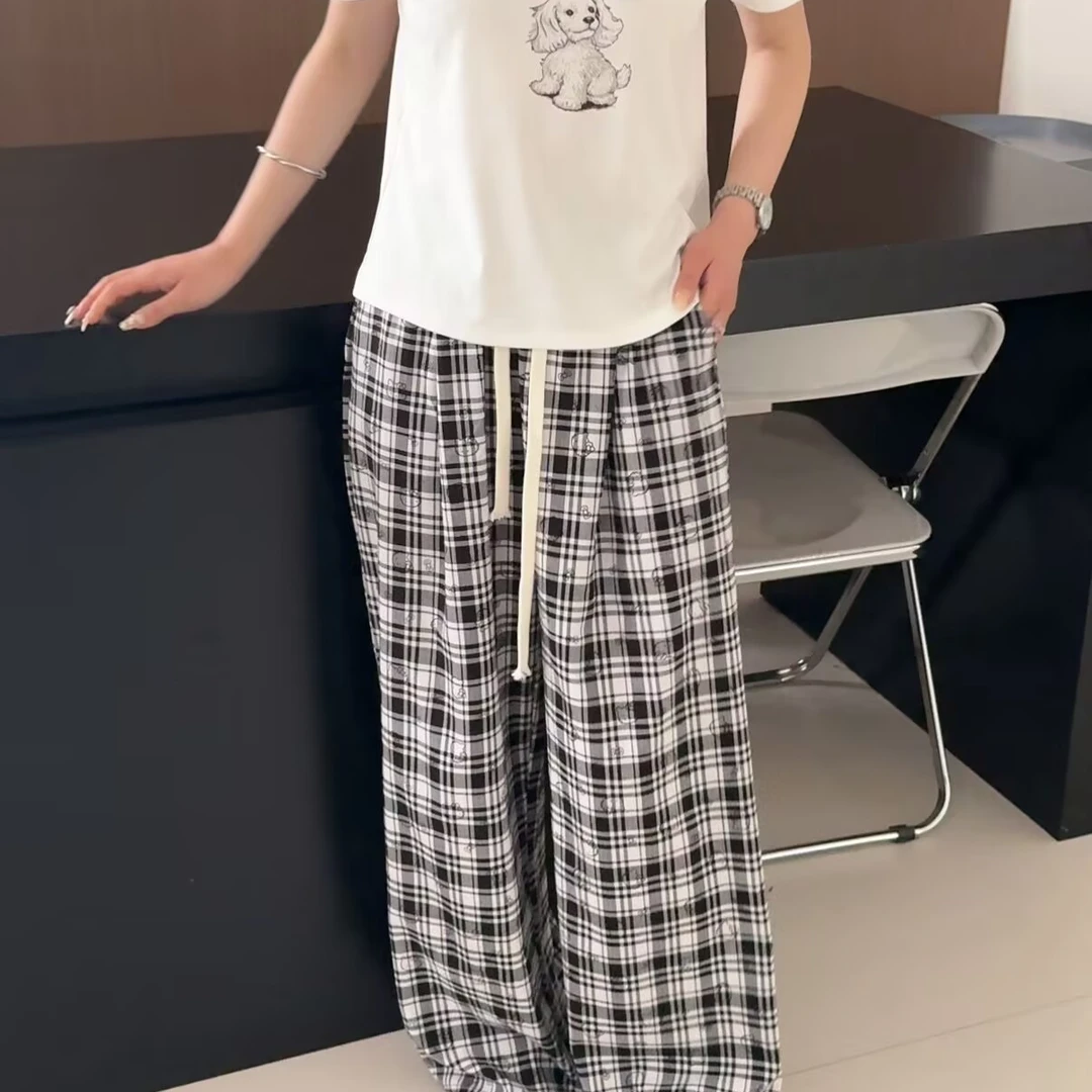 k024 Kt猫满印格纹裤 松紧腰格子裤休闲百搭垂感直筒长裤
