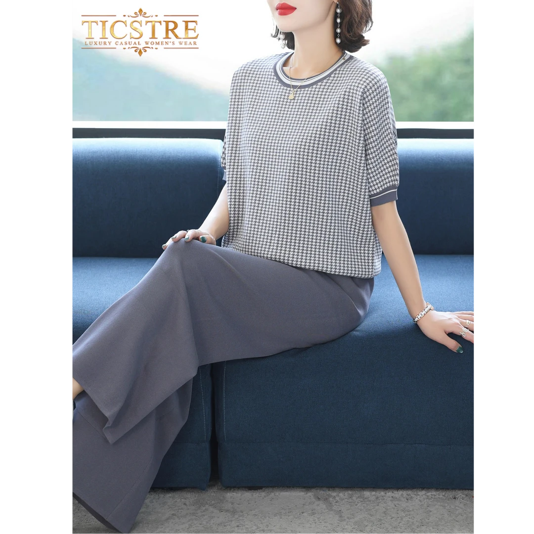 TICSTRE休闲时尚套装女秋季2025年宽松针织冰丝中年阔腿裤两件套