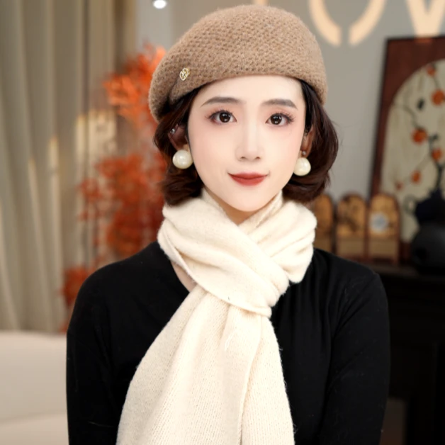 [立体钩花]澳毛秋冬保暖气质女士贝雷帽洋气显脸小画家帽新款帽
