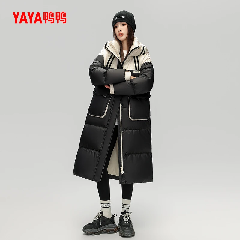 YAYA/鸭鸭2025重磅轻潮加厚撞色休闲过膝长款保暖户外羽绒服女