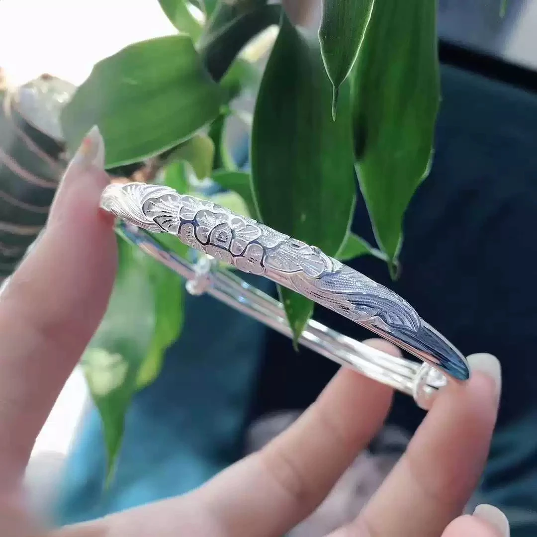 足银手镯 999.9纯银A92复古繁花似锦推拉手镯气质百搭调节手环