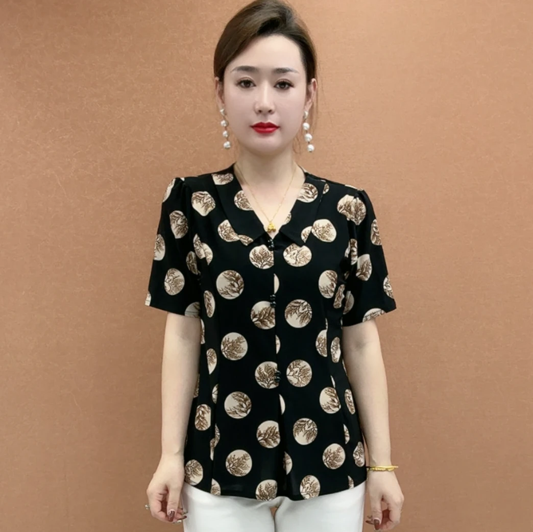 2025夏季新款时尚百搭宽松休闲翻领小花朵衫气质减龄好看妈妈装女