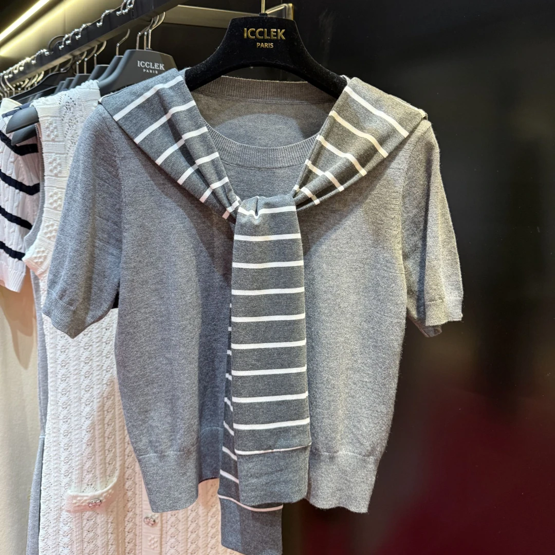 ICCLEK 圆领灰色披肩针织衫休闲百搭条纹气质上衣显瘦通 勤 -1144