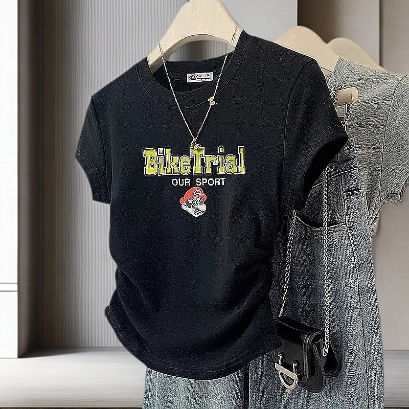 黑色马里奥卡通短款t恤女2025新款夏季潮牌抽绳修身显瘦圆领上衣