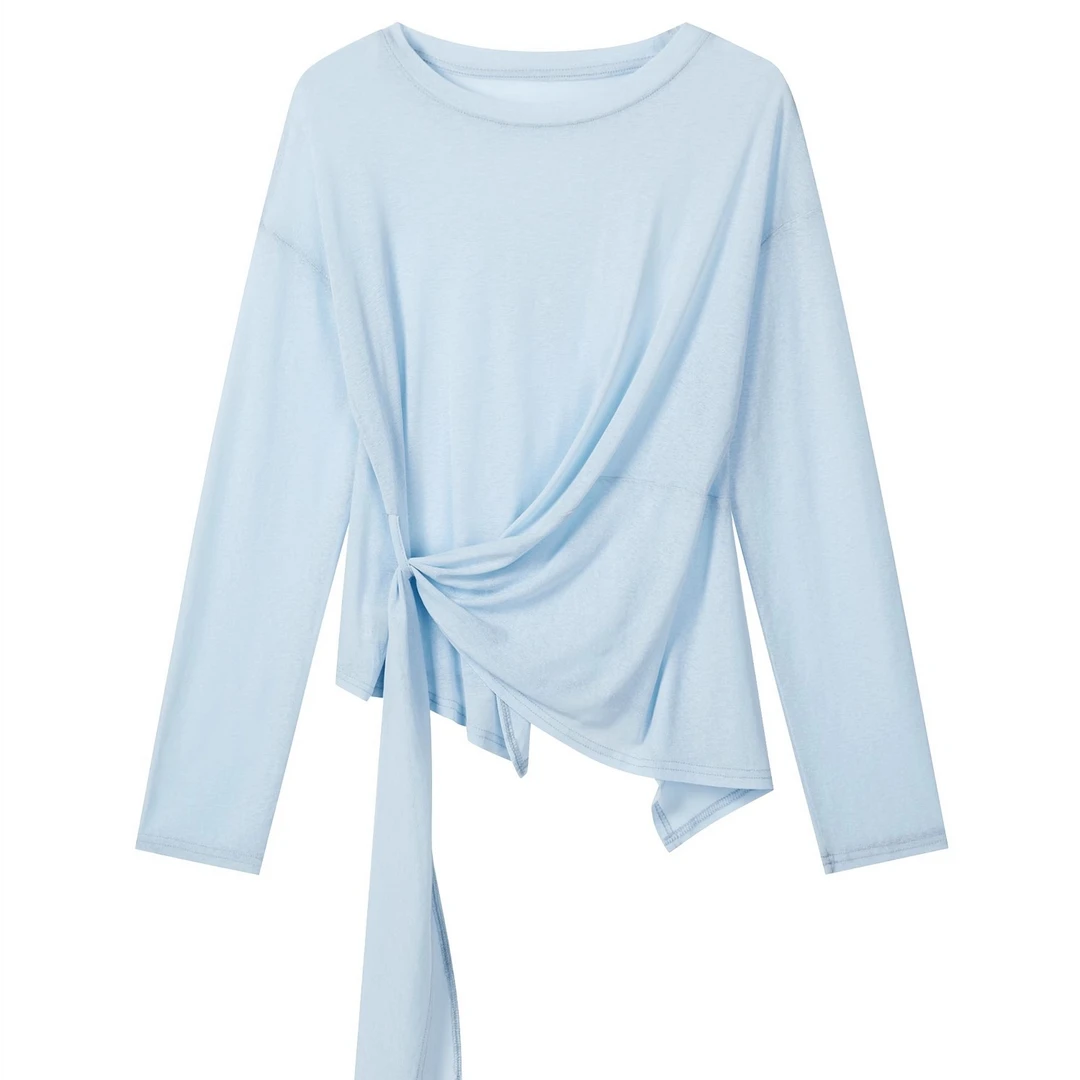 羊城故事-慵懒韩系宽松绑带收腰防晒长袖t恤衫不规则圆领上衣2868