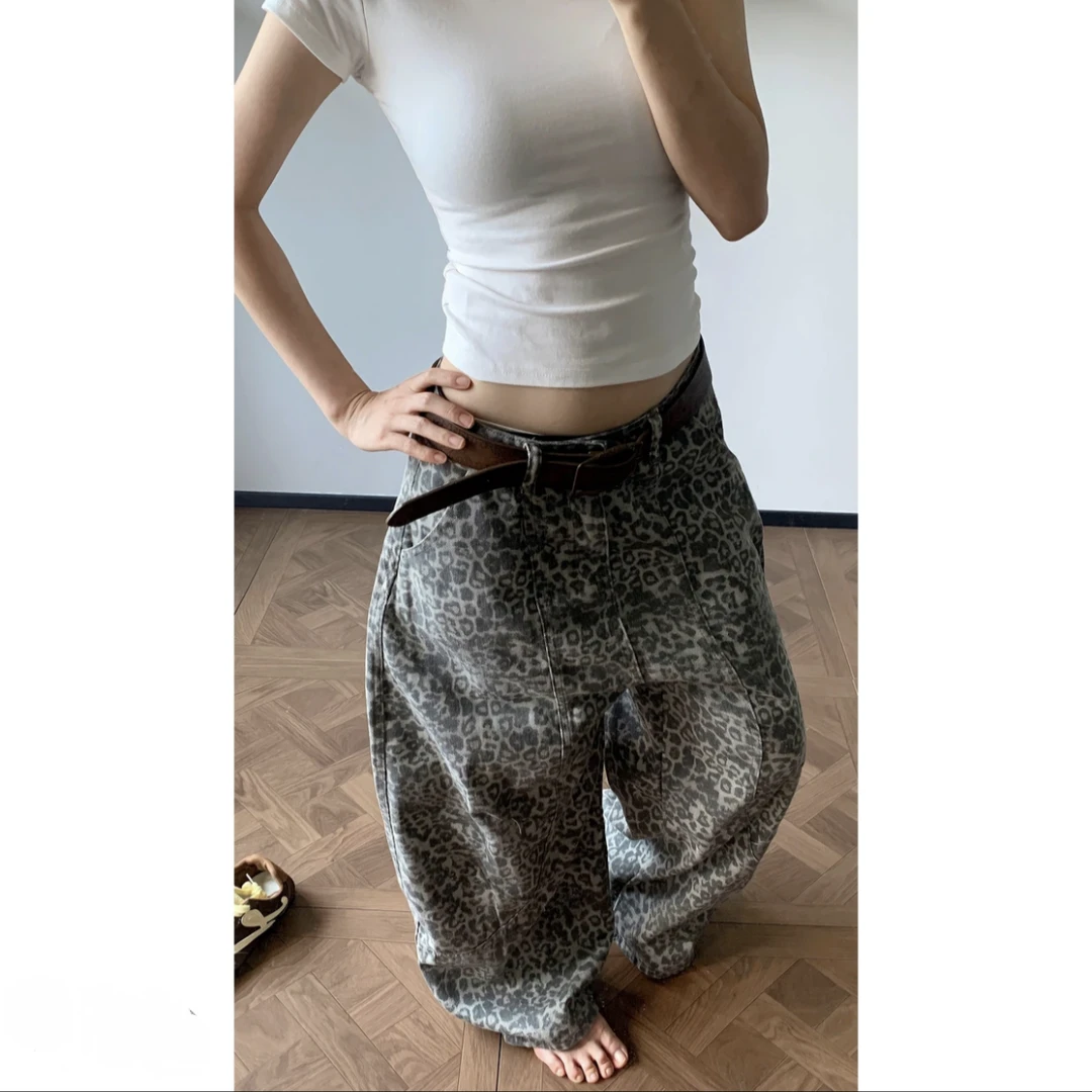 美式复古解构廓形豹纹牛仔裤男女设计感阔腿弯刀香蕉裤